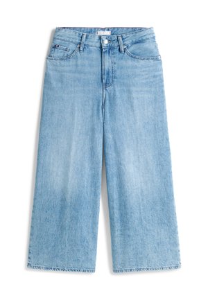 Lyseblå denim vide bukser har høy midje, fem lommer, og rå kant med en svak falming, laget av myk og slitesterk stoff.
