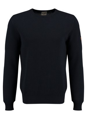 Ciemnoniebieski sweter z dzianiny o teksturowanym wzorze, okrągłym dekolcie i długich rękawach. Posiada prążkowane mankiety oraz małą naszywkę z logo na rękawie.