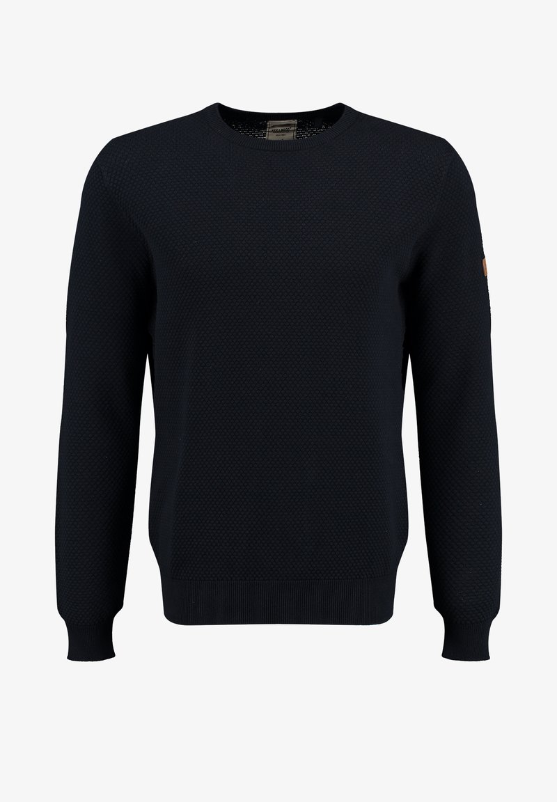 Dunkelblauer Strickpullover mit strukturiertem Muster, rundem Ausschnitt und langen Ärmeln. Besitzt gerippte Bündchen und ein kleines Logo-Patch am Ärmel.