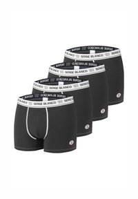 Lot de quatre boxers en coton noir avec ceinture blanche logo, coutures contrastantes et coupe ajustée, conçus pour le confort.