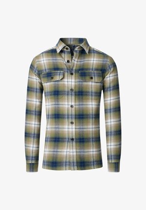 Kariertes Flanellhemd in Grün, Blau und Weiß. Verfügt über lange Ärmel, einen knöpfbaren Kragen und zwei Brusttaschen mit Knopfverschluss.