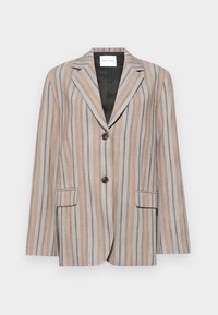 Stripet blazer i beige- og blåtoner, med spiss lapel, to frontlommer og to-knapps lukking. Teksturert stoff med glatt fôr.