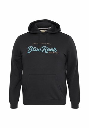 Schwarzer Hoodie aus weichem Material, ausgestattet mit einer Kängurutasche, verstellbaren Zugbändern und einem grafischen Druck mit der Aufschrift "Blue Roots" in Blau.