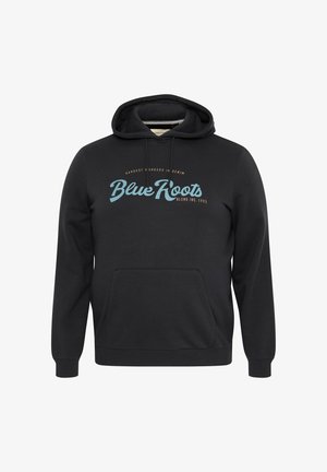 Zwarte hoodie van zacht materiaal, voorzien van een buidelzak, verstelbare trekkoorden en een grafische print met de tekst "Blue Roots" in het blauw.
