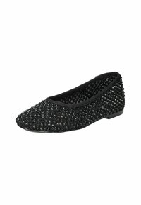 Scarpa piatta nera con superficie texture coperta di perline nere a motivo, con punta arrotondata e tacco basso e solido.