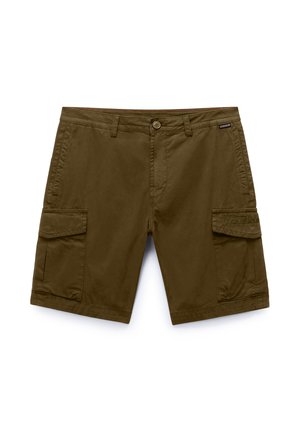 Bruine cargoshorts met knoop aan de voorkant, riemlussen, zijzakken met klep en een subtiel merkembleem op de rechterzak.