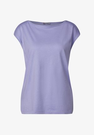 Liliowy top z krótkim rękawem o szerokim dekolcie, wykonany z miękkiej bawełny, o luźnym kroju i gładkiej fakturze. Minimalistyczny design bez wzorów.