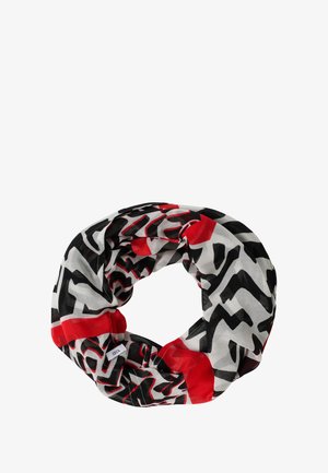 Okrągły szalik w formie nieskończoności wykonany z lekkiego materiału, z abstrakcyjnym wzorem w kolorach czarnym, białym i czerwonym, o gładkiej fakturze i intensywnych kolorach.