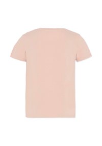 T-shirt di cotone rosa chiaro con collo rotondo e maniche corte. Texture liscia, senza motivi o accenti visibili. Vista posteriore mostrata.