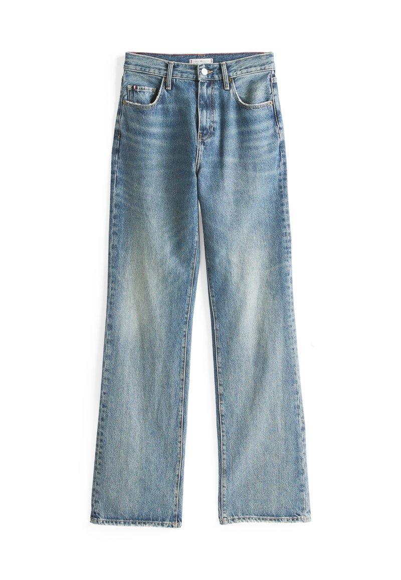 Lichtblauwe denim wijde jeans met een knoopsluiting, vijf zakken en vervaging op de dijen. Ongemaakt zoom aan de onderkant.
