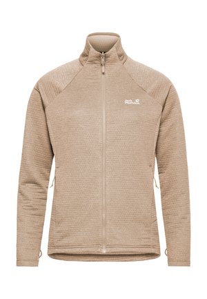 Veste polaire beige à fermeture éclair complète avec col montant, manches longues, poches latérales, et logo blanc Jack Wolfskin sur la poitrine.