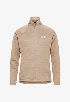Veste polaire beige à fermeture éclair complète avec col montant, manches longues, poches latérales, et logo blanc Jack Wolfskin sur la poitrine.