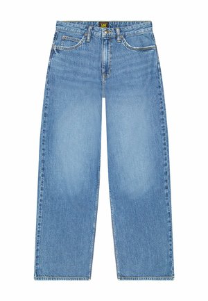 Lichtblauwe denim jeans met een wijde pijp, voorzien van een knoopsluiting, vijf zakken en contrasterende stiksels.
