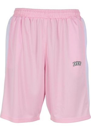 Lyserøde atletikshorts med elastisk talje og hvide sidepaneler, med lille sort og hvid "DEF" logo på højre ben.