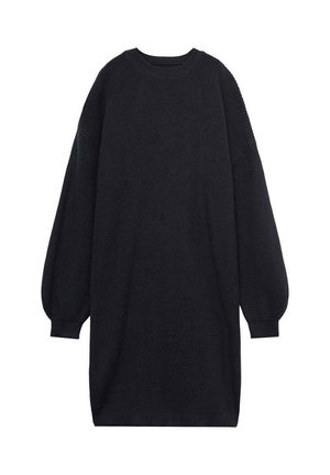 Übergroßes schwarzes Strickkleid mit langen Ärmeln, gerippter Textur, Rundhalsausschnitt und lockerer Passform; die Länge reicht bis unter das Knie.