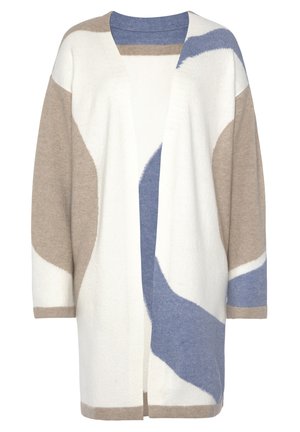 Gebreide cardigan met abstracte patronen in crème, beige en blauw. Open voorkantontwerp met driekwart mouwen. Zachte textuur, ontspannen pasvorm.