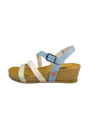 Wedge sandals with a cork sole, featuring leather straps in pastel colors: mint green, white, and light blue, with a black buckle and floral accent.