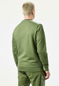 Green sweatshirt with long sleeves, ribbed cuffs, and a textured panel on the shoulders; features a simple, relaxed-fit design.