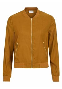 Hořčicově žlutá bomber bunda vyrobená z hladkého materiálu, se zipem v přední části, ribbovanými manžetami a dvěma bočními kapsami na zip.