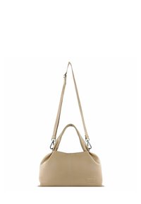 Beige Lederhandtasche mit glatter Textur, doppelten Griffen und einem abnehmbaren Schultergurt. Verfügt über silberne Hardware und ein dezentes Markenlogo.