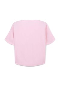 Top rosa a maniche corte con una vestibilità comoda e orlo arrotondato. Tessuto morbido con cuciture minime. Design semplice ed elegante senza decorazioni.