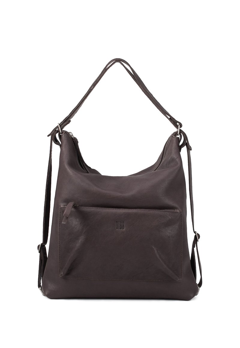 Borsa a mano in pelle marrone scuro con un design morbido, tracolla regolabile e tasca frontale con zip. Presenta un marchio discreto sulla parte anteriore.