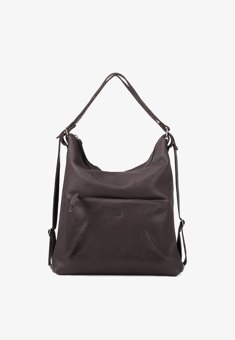 Sac à main en cuir marron foncé avec un design décontracté, une bandoulière réglable et une poche zippée à l'avant. Présente un branding subtil à l'avant.