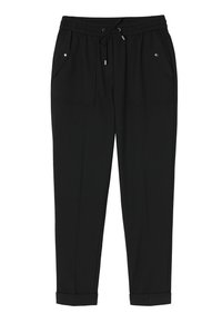 Zwarte joggers gemaakt van zachte stof, met een elastische tailleband met trekkoord, twee voorzakken en opgerolde boorden.