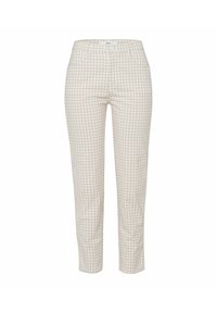 Spodnie w jasnobeżowy wzór w kratkę typu gingham o wąskim kroju, z zapięciem na guziki, dwoma przednimi kieszeniami oraz gładką fakturą tkaniny.
