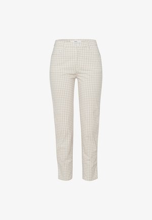 Spodnie w jasnobeżowy wzór w kratkę typu gingham o wąskim kroju, z zapięciem na guziki, dwoma przednimi kieszeniami oraz gładką fakturą tkaniny.