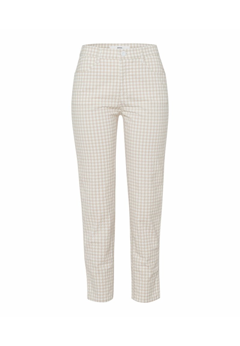 Spodnie w jasnobeżowy wzór w kratkę typu gingham o wąskim kroju, z zapięciem na guziki, dwoma przednimi kieszeniami oraz gładką fakturą tkaniny.