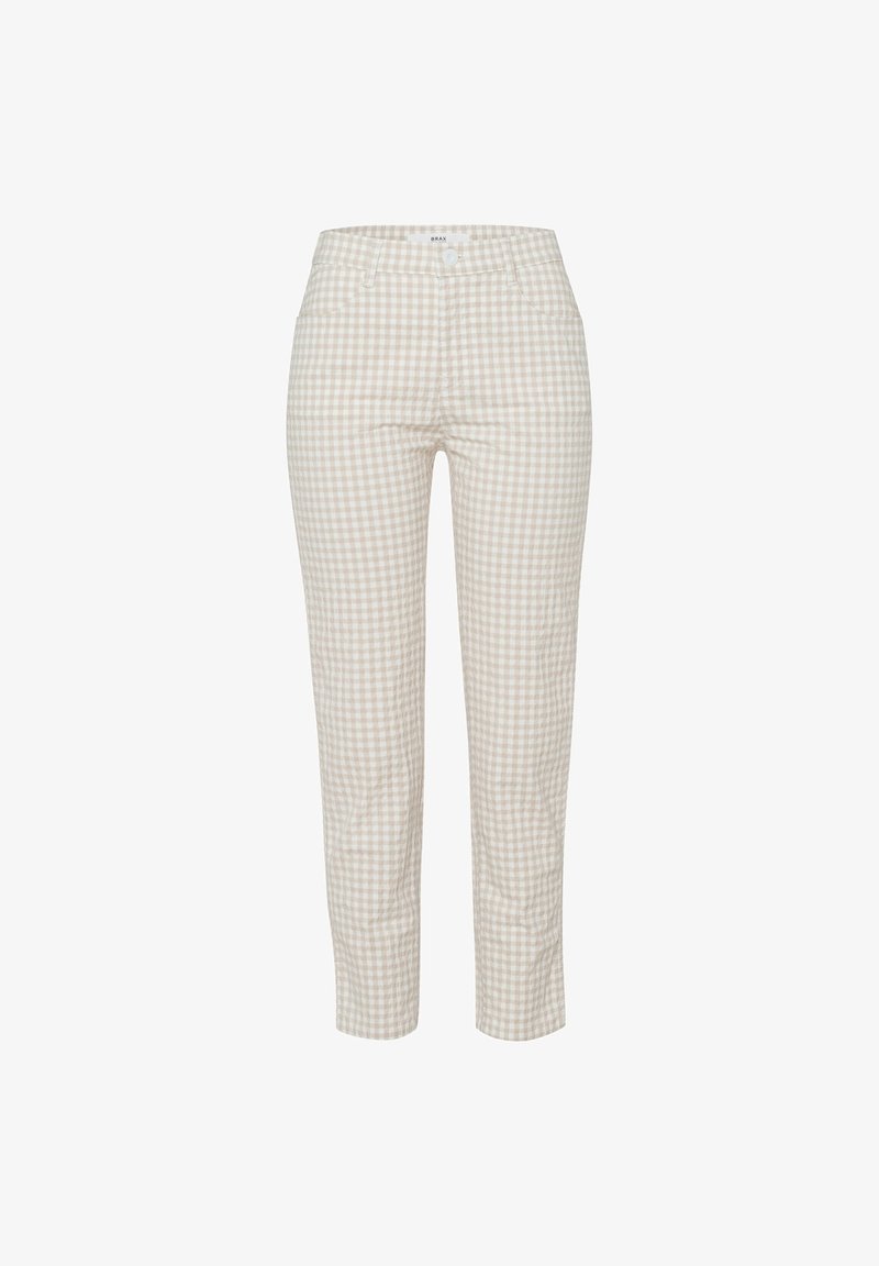 Spodnie w jasnobeżowy wzór w kratkę typu gingham o wąskim kroju, z zapięciem na guziki, dwoma przednimi kieszeniami oraz gładką fakturą tkaniny.
