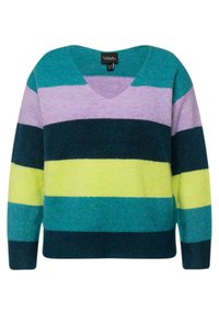 Sweter z wełny z dekoltem w serek, ozdobiony szerokimi poziomymi paskami w kolorach morskim, lawendowym, ciemnoniebieskim, żółtym i zielonym.