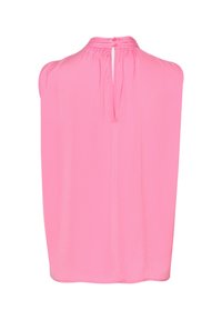 Blusa rosa senza maniche con un colletto alto e chiusura a bottone sul retro. Tessuto morbido e liscio con un design semplice e una vestibilità ampia.