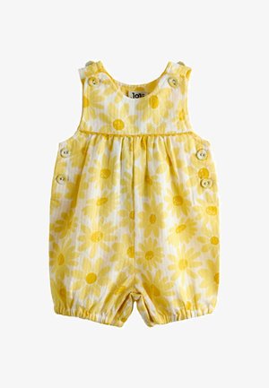 Kollane ja valge varrukateta beebikombekas päevalillemustriga ning nööbitavate kinnistega õlgadel ja külgedel.