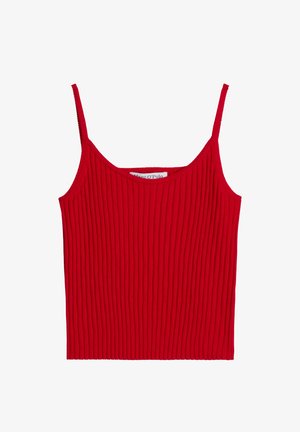 Rotes, geripptes Tanktop mit dünnen Trägern, das eine figurbetonte Passform und einen strukturierten Stoff aufweist. Rundhalsausschnitt. Keine sichtbaren Verschlüsse oder Muster.