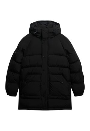 Sort polstret parka-jakke med hætte, trykknapper, sidelommer og en tekstureret mat finish. Oversized pasform med raglanærmer.