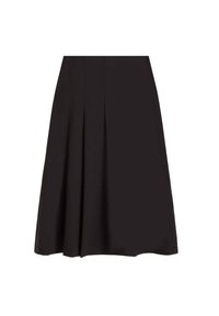 Schwarzer plissierter Rock aus glattem Stoff, mit einem Midilängen-Design, einem weiten Saum und einem sauberen Abschluss am Saum.