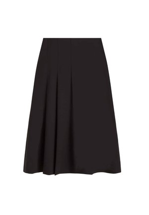 Black pleated skirt made from smooth fabric, featuring a mid-length design with a flared bottom and a clean finish at the hem.