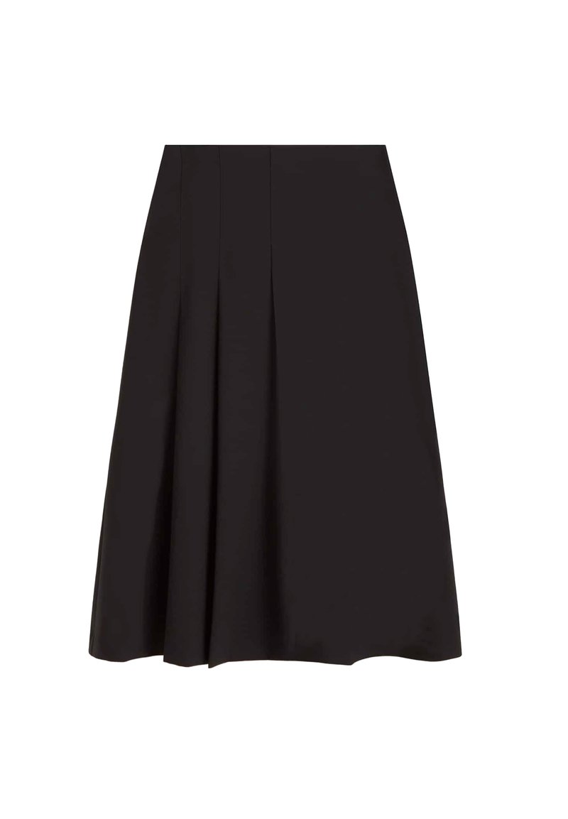 Schwarzer plissierter Rock aus glattem Stoff, mit einem Midilängen-Design, einem weiten Saum und einem sauberen Abschluss am Saum.