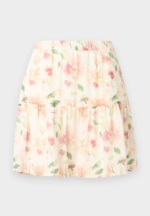 Φούστα ανοιχτού κρεμ χρώματος με παστέλ ροζ και πράσινο floral σχέδιο, σχεδίαση με στρώσεις και ελαστική μέση.