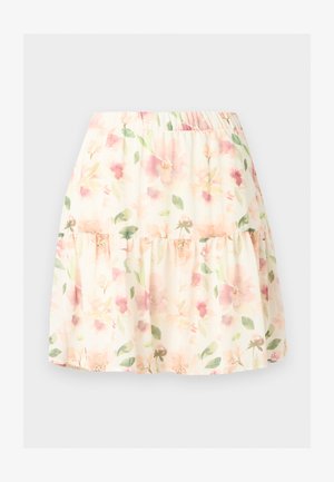 Φούστα ανοιχτού κρεμ χρώματος με παστέλ ροζ και πράσινο floral σχέδιο, σχεδίαση με στρώσεις και ελαστική μέση.