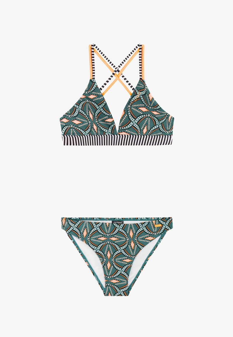 Zweiteiliger Bikini mit grünen, orangefarbenen und weißen geometrischen Mustern, mit gekreuzten, gestreiften Trägern am Oberteil und passend gemusterten Höschen.