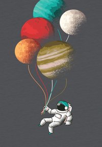 Astronaut in een ruimtepak houdt kleurrijke planetenballonnen vast: rood, oranje, beige, groen en blauw, tegen een donkergrijze achtergrond.