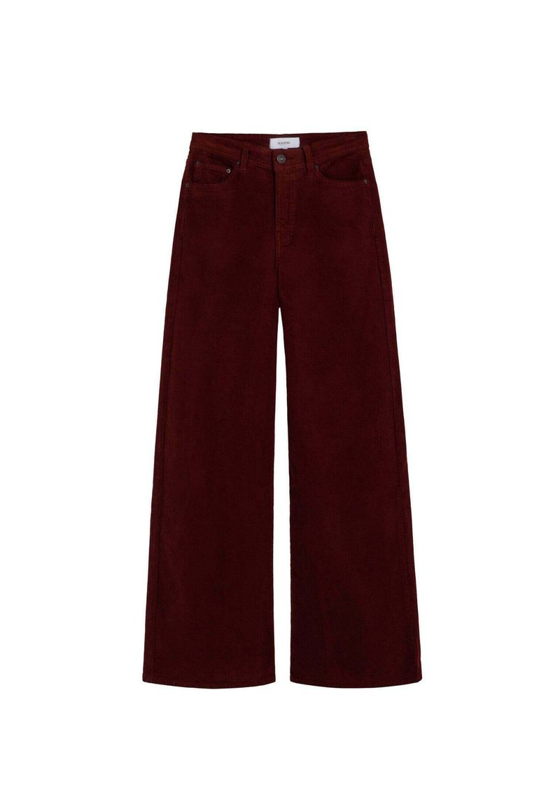 Pantalones de pana burdeos de pernera ancha con bolsillos frontales, cierre de botones y un diseño de cintura alta. Textura suave y silueta recta.