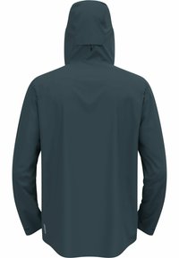 Waterproof jacket in dark blue, featuring a hood, long sleeves, and a smooth texture. Simple design with no visible hardware or patterns.
