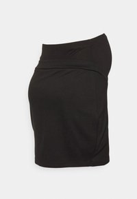 Saias de maternidade pretas com uma textura suave, design justo e faixa elástica na cintura. Apresenta um corte até ao joelho e detalhes de costura mínimos.