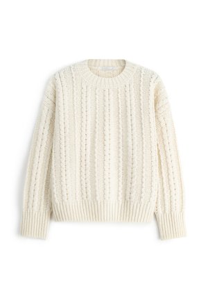 Kremowy sweter dzianinowy o żebrowanej fakturze, z pionowymi paskami i okrągłym dekoltem. Długie rękawy i dopasowane mankiety.