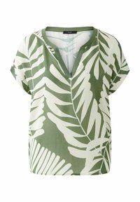 Korte mouwen, groene top met witte bladerenpatronen, voorzien van een V-hals en een ontspannen pasvorm. Gladde stof met een zachte textuur.