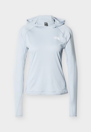 Világoskék, hosszú ujjú, testhez simuló kapucnis sportfelső The North Face logóval a mellkasán, texturált teljesítmény anyagból.